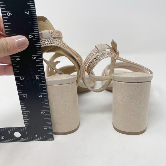 New Kelly & Katie 7.5 Light Peach Microsuede Cadene Sandal Heel Rhinestone Block - Picture 11 of 13